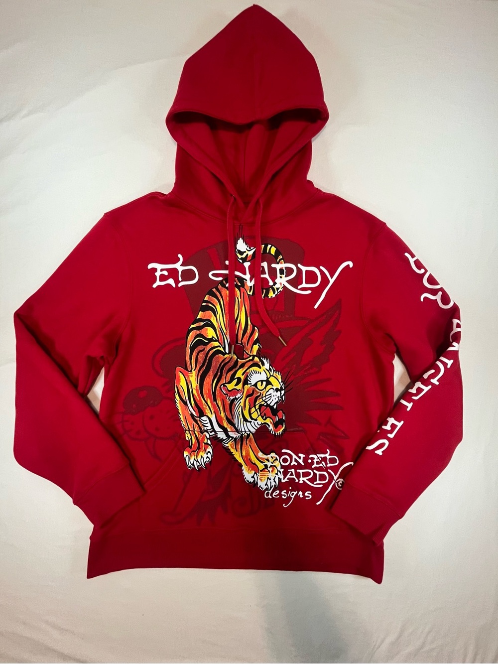 Ed Hardy Red Hoodie with Tiger Graphic and White Sleeve Script